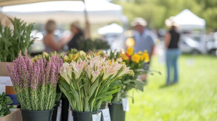 Fresh cut flowers are displayed at a farmers market close up.