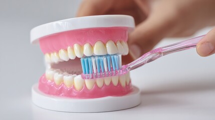 A High Resolution image of closeup of a toothbrush cleaning a dental model isolated on white background.