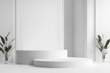 Promotional Event Booth Stand Mockup in Exhibition Room with White Wall, Floor Design Perspective, and Blank Corner Display for Trade Show and Fair Presentation.