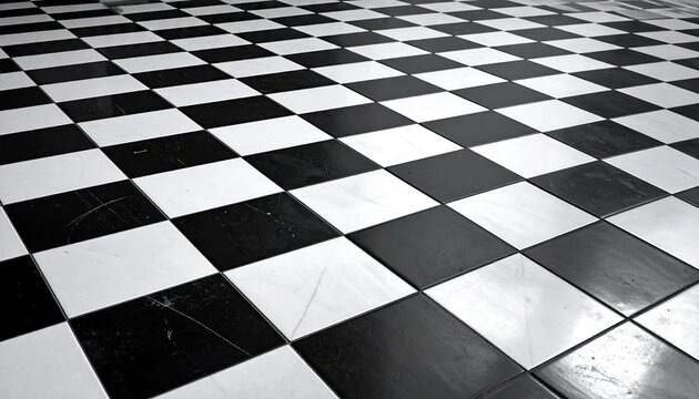 Black and White Checkerboard Pattern Floor Tiles with Angled Perspective and Subtle Lighting Creates Vintage Aesthetic