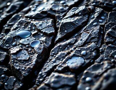 Closeup Rocky Surface with Water Droplets and Dramatic Lighting