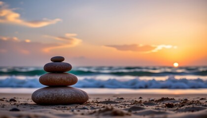 Serene Sunset Beach with Stacked Rocks and Calm Ocean