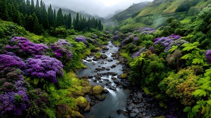Fototapeta premium Majestic New Landscape View of a Beautiful River Flowing Through Stunning Mountains, Surrounded by Lush Trees and Wildflowers.