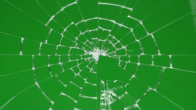 Glass cracking against a green screen background with sharp, dramatic effects showcasing cracks spreading rapidly.