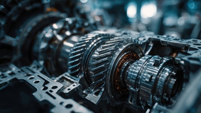 A High Resolution image of closeup view of a complex automatic transmission gearbox mechanism.