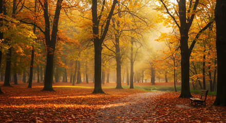 Fototapeta premium A sunlit path through a forest in autumn with fallen leaves on the ground