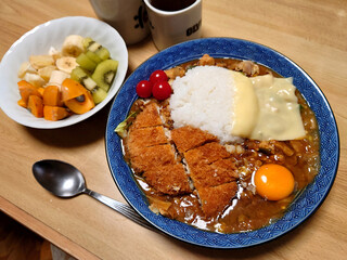 Homemade curry served at a Western restaurant (topped with minced meat cutlet, raw egg, and cheese) with a dessert bowl / 洋食屋さんで食べる手作りカレー(メンチカツ，生卵，チーズのトッピング)，デザートボウル付き