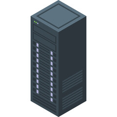 Dark Gray Server Tower Rack Cabinet With Purple Lights And Green Indicator Lights In Isometric View On White Background With Transparent Background