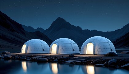 Futuristic Igloo Structures Serene Night Lake Scene