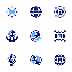 Global icon set. Bold style. Duotone colors. expansion, internet, global, globe, geography, global shipping, global network