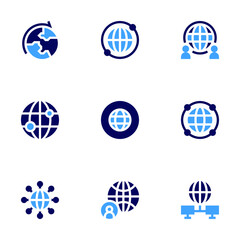 Global icon set. Bold style. Duotone colors. global shipping, network, global, world, internet, global network, global server