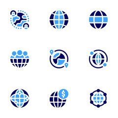 Global icon set. Bold style. Duotone colors. global, web, world, travel, global network, marketing, investment, network, global communication