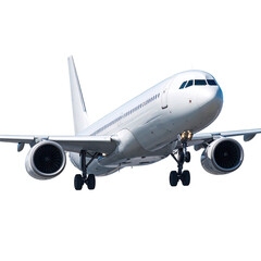 A white passenger jet in mid-air, angled up, with a black background, shows landing gear
