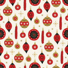 Christmas seamless pattern with balls, baubles and snowflakes on white background. Perfect for wallpaper, gift paper, winter greeting cards. Vector hand drawn illustration