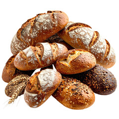 A pile of various artisan loaves, crusty with seeds and flour. Includes grain