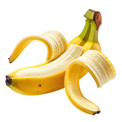 Ripe banana bunch, one partially peeled, showing flesh, on black background