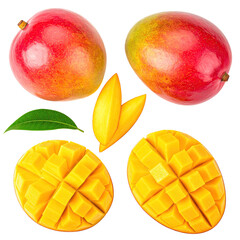 Colorful image showing whole & cut fruit with leaf against a black background