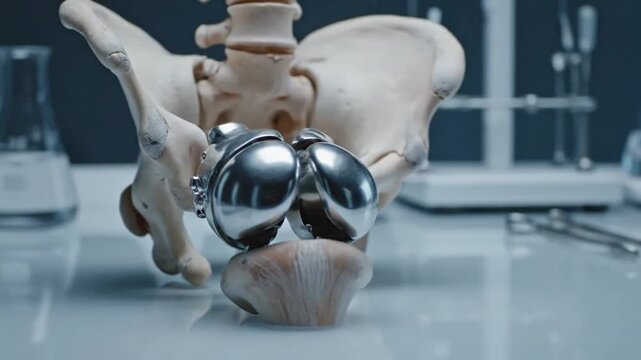 Anatomical Model Displaying Total Knee Replacement with Bone Structure and Surgical Tools in the Background on a Grey Table with Medical Implants and Orthopedic Research Showing Hip Bone