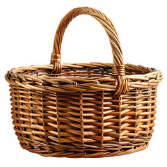 Close-up of a woven, round wicker basket with a curved handle, against a black background