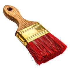 A detailed depiction of a painter's brush, complete with wooden handle and bright red bristles