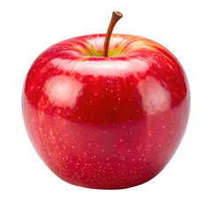 A shiny, ripe red fruit with a brown stem, isolated on a black background