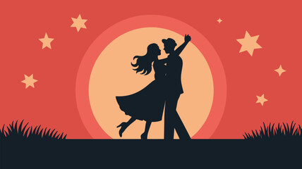 Romantic silhouette of a couple dancing under the stars and moon, perfect for Valentine's Day designs, wedding invitations, or love-themed promotions