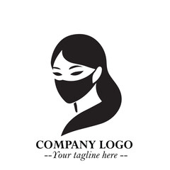 Elegant Woman Wearing Mask Logo Symbol in Black on White Background with Minimalist Modern Design