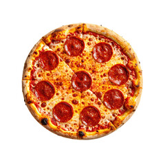 Overhead shot of a pepperoni pizza, sliced into triangular pieces on a black background