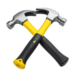 Two claw hammers, handles crossed, form an 'X' shape. Black background. Detailed, studio lighting