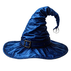 Rich blue wizard hat with buckle, velvet texture, isolated on black