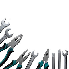 Tools like wrenches and pliers lay angled at the bottom-left corner, on a black background