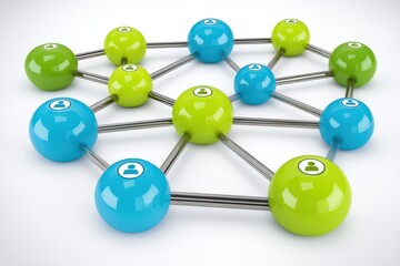 Innovative digital network illustrating interconnected human profiles represented by glossy spheres connected by silver lines in a modern and dynamic visualization of social connections and