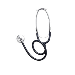 A classic black stethoscope isolated against a stark black background. Realistic rendering