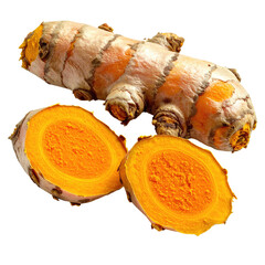 Fresh, whole turmeric root and sliced halves reveal vibrant orange-yellow interior