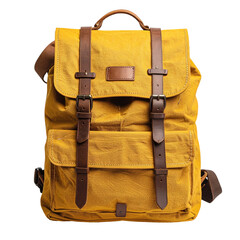Yellow canvas backpack with leather straps, buckles, and a handle, isolated on black