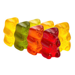 Six colorful, translucent gummy bear candies stand in a row against a dark background