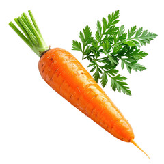 A close-up, vibrant orange carrot with green leafy top, isolated on a transparent background