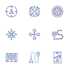 Navigation icon set. Bold line style. Duotone colors. Editable stroke. compass, navigation, directions, distance, navigator