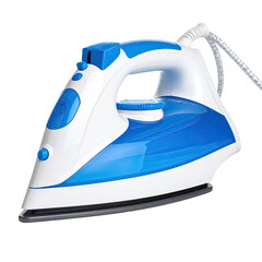A close-up shot of a modern electric iron, white and blue, with a coiled cord