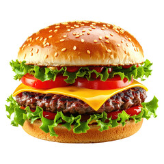 A large, juicy burger with sesame seed bun, cheese, lettuce, tomato, and a grilled patty