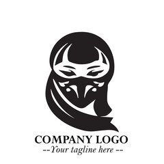 Elegant Woman Wearing Mask Logo Symbol in Black on White Background with Minimalist Modern Design