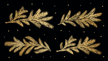 Gold fir branch on black background hand drawn set.	
