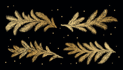Gold fir branch on black background hand drawn set.	
