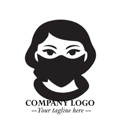 Obraz premium Elegant Woman Wearing Mask Logo Symbol in Black on White Background with Minimalist Modern Design