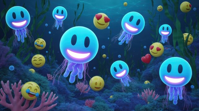Blue glowing jellyfish with smiling emojis swim in a coral reef image