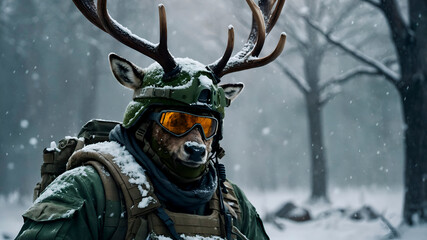 Reindeer in military gear with helmet. Photorealistic symbolic Christmas portrait of strength and spirit.