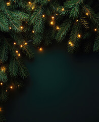 dark green christmas fir tree branches background with empty copy space and golden glowing lights