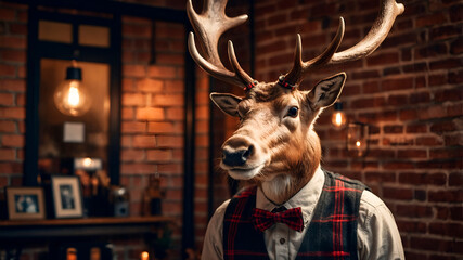 Trendy  reindeer portrait. A modern hipster take on Rudolph for cozy Christmas vibes.