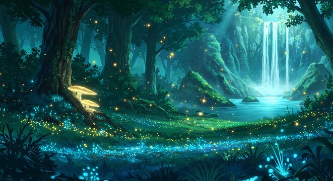 A Vibrant 4k RPG Anime Style Landscape Wallpaper Illustration of a Magical Forest with Glowing Waterfall, Bioluminescent, Fantasy Game Background