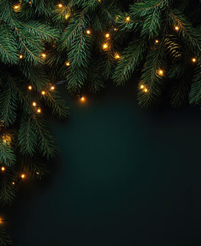 dark green christmas fir tree branches background with empty copy space and golden glowing lights